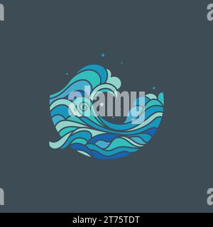 Ocean wave flow logo flat design concept isolated dark background vector illustration Stock Vector