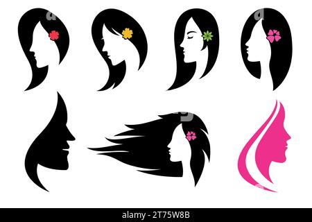 Beautiful Woman hairstyle with flower, Hand drawn Vector collection. V26 Stock Vector