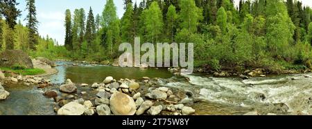 Panoramic shot of a bend in the bed of a beautiful river with rocky banks flowing down from the mountains through a dense summer forest. Iogach river, Stock Photo