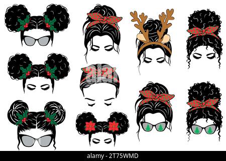 Beautiful Woman Hairstyle with Poinsettia, sunglasses & bandanas in various themes. Vector illustration collection Stock Vector
