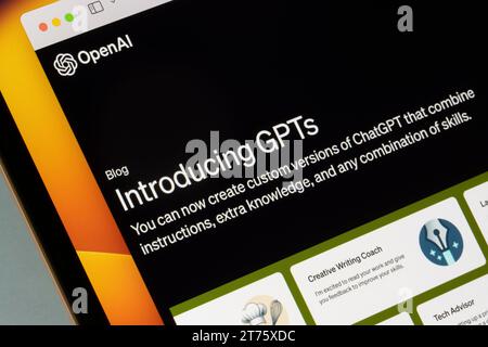 Introduction to GPTs is seen on the corporate website of OpenAI on a computer. GPTs are a new way for anyone to create a tailored version of ChatGPT. Stock Photo