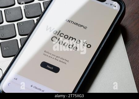 Webpage of Claude in open beta is seen on Anthropic AI's corporate website on an iPhone. Claude is an AI chatbot powered by Anthropic's LLM, Claude 2. Stock Photo