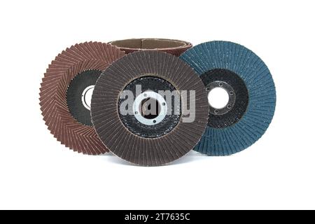 Sanding discs and sandpaper in close-up view isolated on white background, typically used for grinding, sanding, and polishing in various industries Stock Photo