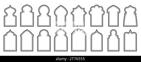 Ramadan frame shapes set. Vector door and windows arch with Islamic design. Muslim oriental gate. Indian vintage arcs with traditional ornament Stock Vector