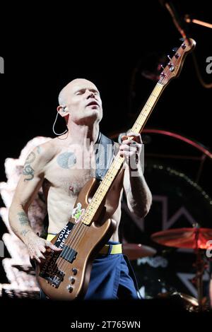 Curitiba, Brazil. 14th Nov, 2023. PR - CURITIBA - 13/11/2023 - CURITIBA, RED HOT CHILI PEPPERS - Flea, during a performance by the band Red Hot Chili Peppers, at Estadio Couto Pereira in Curitiba, this Monday (13). Band tours South America. Photo: Robson Mafra/AGIF (Photo by Robson Mafra/AGIF/Sipa USA) Credit: Sipa USA/Alamy Live News Stock Photo