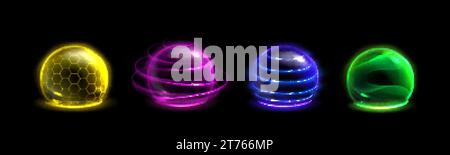 Neon color sphere shields set isolated on black background. Vector realistic illustration of blue, purple, green, yellow 3D domes, magic power barrier Stock Vector