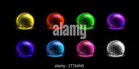 Neon color dome shields set isolated on black background. Vector realistic illustration of glowing 3D spheres with mesh surface, communication technol Stock Vector