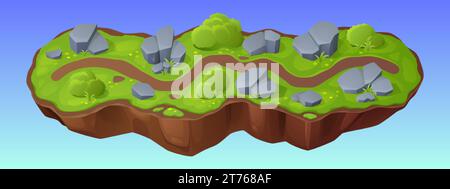 Island map for game level interface. Vector cartoon illustration of piece of land with road between stones, green grass and bushes, fantasy background Stock Vector