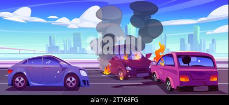 Car crash on highway against city background. Vector cartoon illustration of road accident with two smashed autos burning, fire and smoke above damage Stock Vector