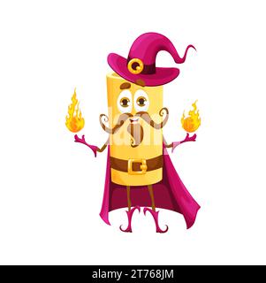 Cartoon Halloween italian pasta wizard character with magic fires. Isolated vector rigatoni personage in robe and hat, conjuring up eerie and delightful spells for festive and spooky holiday night Stock Vector