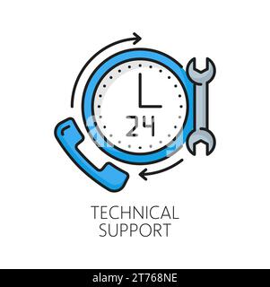 Technical support, CDN content delivery network icon, line vector. Customer service help or call center icon of phone headset and clock, CDN online operator or customer contact chat linear sign Stock Vector