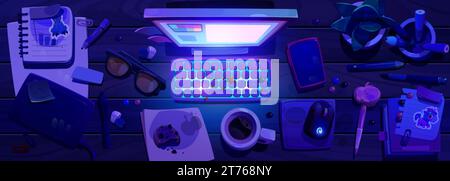 Top view of wooden messy work table at night. Cartoon vector of workspace with light from screen, tablet and notebook, sticky notes, cookie crumbs on Stock Vector