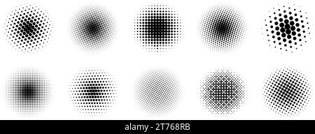Halftone gradient circles collection. Dots textured round patterns. Cartoon comic radial faded background set. Abstract pixelated elements for frame, poster, collage, banner, flyer. Vector bundle Stock Vector
