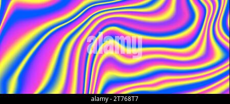 Psychedelic iridescent background. Bright neon holographic wallpaper. Blue pink purple yellow wavy fluid gradient texture. Abstract acid trippy backdrop for banner, poster, cover, overlay. Vector  Stock Vector