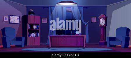 Chief office interior in evening - dark boss room with computer on desk, chair and documents in cabinet with shelves, armchairs and clock. Ceo or dire Stock Vector