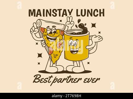 Mainstay lunch, best partner ever. Mascot character illustration of a coffee mug and a slice pizza Stock Vector