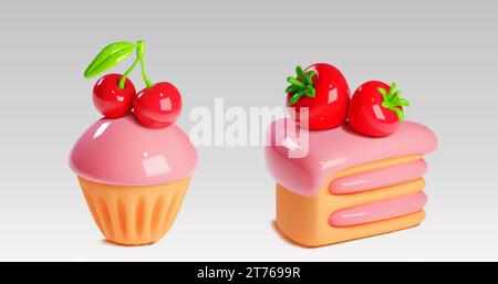 Desserts 3d - piece of layered cake with cream and strawberry, and cupcake with cherry. Realistic vector illustration set of pink pastel pastries deco Stock Vector