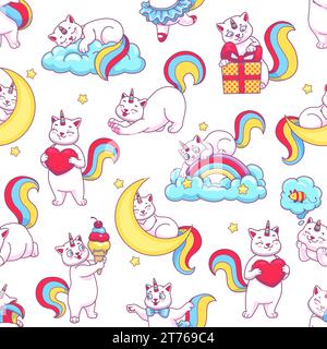 Cute funny cartoon caticorn seamless pattern of cat unicorn and rainbow, vector background. Happy caticorn pattern of kitty unicorn characters or kitten baby in magic dream of princess with love heart Stock Vector