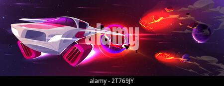 Galaxy background with spaceship and planet vector illustration. Star in cosmos universe near asteroid fire explosion and flying fantasy rocket journe Stock Vector
