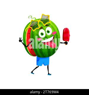 Cartoon watermelon cute character eating ice cream. Sweet food cute personage, summer fruit isolated vector funny mascot on vacation, ripe watermelon childish character in sunglasses, eating ice cream Stock Vector