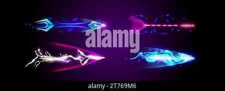 Glowing flying arrow with vfx motion effect. Realistic vector illustration set of luminous missile trail or shooting star trace. Abstract neon light t Stock Vector