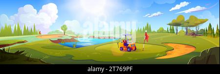 Cartoon golf field with green grass hills, sandy areas and water lake. Vector summer or spring sunny day landscape with cart near hole with flag on go Stock Vector