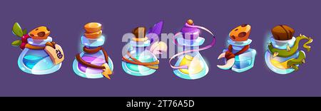 Game assets of glass bottles and flasks with colorful liquid elixir or potion. Cartoon vector set of vials with magic water, corks and tags. Fantasy a Stock Vector