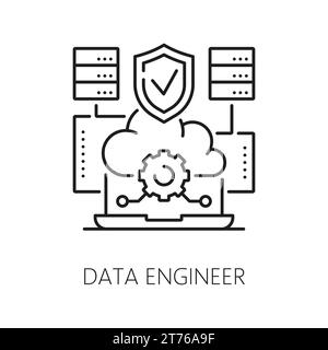Data engineer or IT specialist icon of digital business, web and internet development, line vector. Data software engineer or web engineering specialist pictogram in thin outline of server cloud Stock Vector