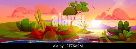 Sunset sky above river water landscape vector background. Summer sunrise nature view with calm ocean in morning. Peaceful outdoor vacation and sunshin Stock Vector