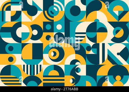 Abstract azure, blue and yellow Bauhaus modern geometric pattern. Retro artwork, design layout minimalism vector pattern or business presentation background with Bauhaus color geometrical shapes Stock Vector