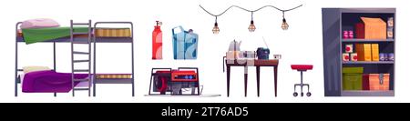 Bunker design elements isolated on white background. Vector cartoon illustration of bunk bed with ladder, fire extinguisher, fuel container, gas cooke Stock Vector
