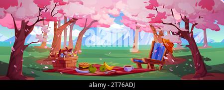 Picnic in spring sakura park cartoon background. Pink cherry flower blossom tree above food basket, blanket and chair. Outdoor public Hanami party in Stock Vector