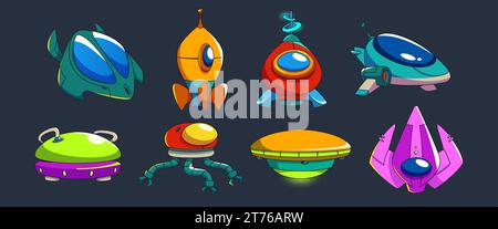 Game spacecraft set isolated on black background. Contemporary vector illustration of futuristic spaceships with windows, radars, colorful alien rocke Stock Vector