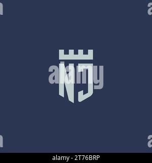 NJ logo monogram with fortress castle and shield style design ideas Stock Vector
