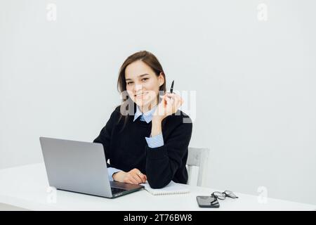 Woman in Chatting In Office Computer Desk Online Job Stock Photo