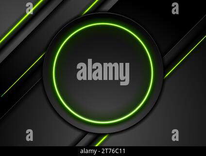 Futuristic technology abstract black background with green neon glowing lines and circle. Vector design Stock Vector