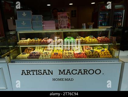 French Macaroons sold at the Pepone Café, Rue des Abbesses, Montmartre, Paris, France. Stock Photo