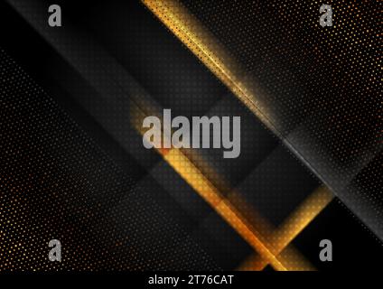 Black technology geometric background with golden dots. Vector design Stock Vector
