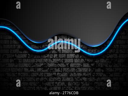 Black and blue neon waves on grunge brick wall background. Concept futuristic vector design Stock Vector
