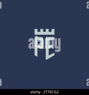 PE logo monogram with fortress castle and shield style design ideas Stock Vector