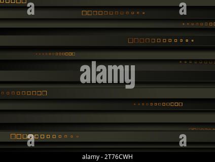 Black geometry abstract striped background with golden squares. Vector design Stock Vector