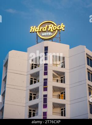 Pattaya Thailand 10 November 2023, Hard Rock Cafe and hotel on the beach road , logo of the Hard Rock hotel neon light in the evening Stock Photo