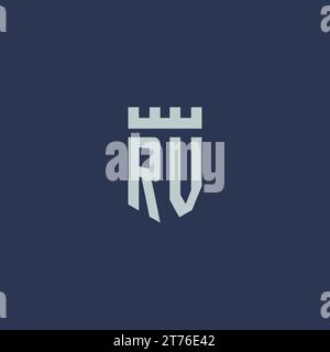 RV logo monogram with fortress castle and shield style design ideas Stock Vector