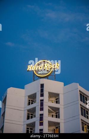 Pattaya Thailand 10 November 2023, Hard Rock Cafe and hotel on the beach road , logo of the Hard Rock hotel neon light in the evening Stock Photo