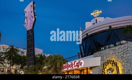 Pattaya Thailand 10 November 2023, Hard Rock Cafe and hotel on the beach road , logo of the Hard Rock hotel neon light in the evening Stock Photo