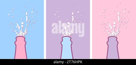 Hand drawn Illustration of Champagne explosion. Alcohol drink splash with bubbles. Stock Vector