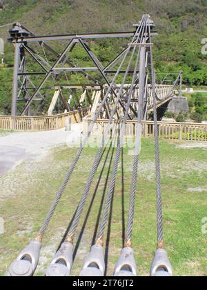 historic swing bridge at Brunner Coal Mine, West Coast, South Island, New Zealand Stock Photo