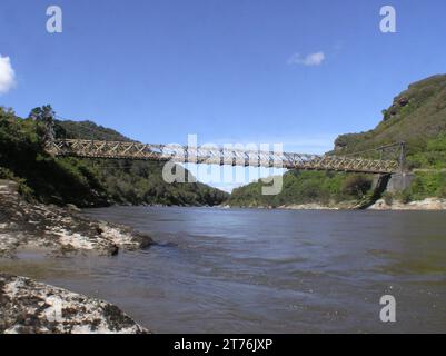 historic swing bridge at Brunner Coal Mine, West Coast, South Island, New Zealand Stock Photo