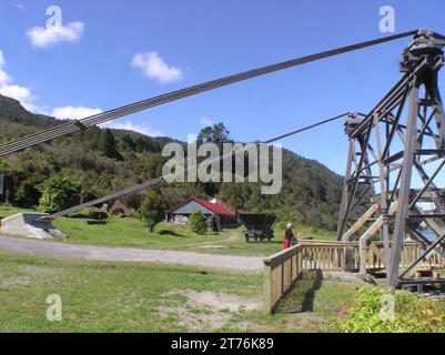 historic swing bridge at Brunner Coal Mine, West Coast, South Island, New Zealand Stock Photo