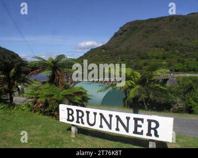 historic swing bridge at Brunner Coal Mine, West Coast, South Island, New Zealand Stock Photo